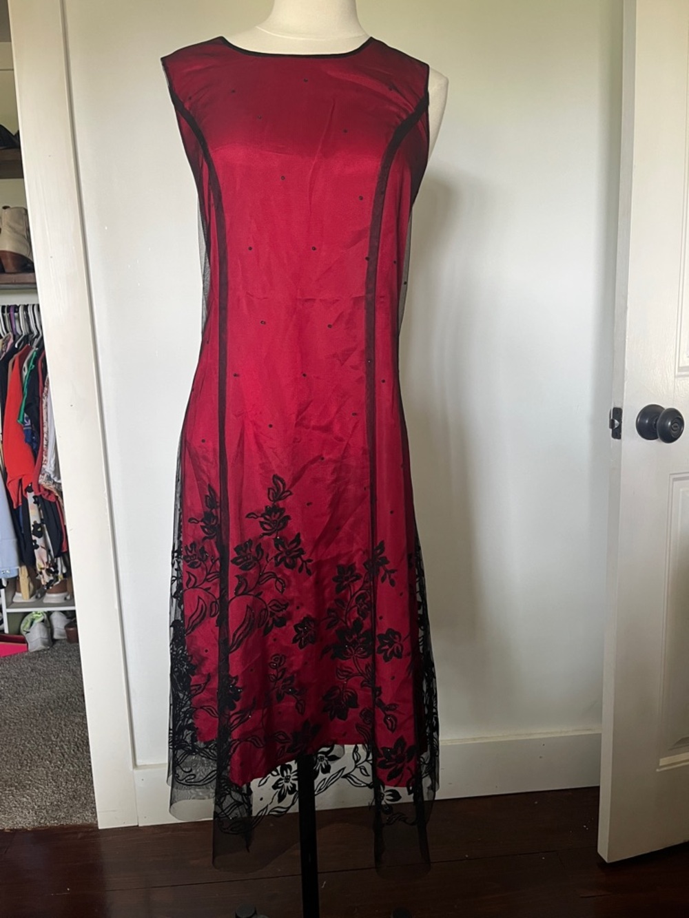 Coldwater Creek Red Midi Dress with Black Floral Overlay